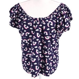 Magnolia Place Womens Size 5X Short Sleeve May Blouse in Navy Blue and Rainbows